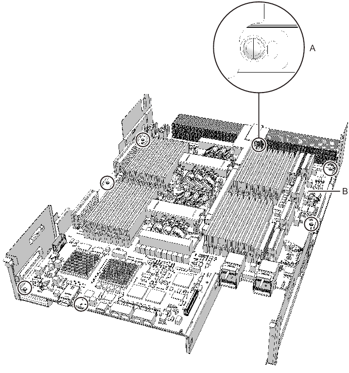 Figure 9-32  Screws on the CPU memory unit board (for the SPARC M10-4/M10-4S with a FRAME-B CPU memory unit)