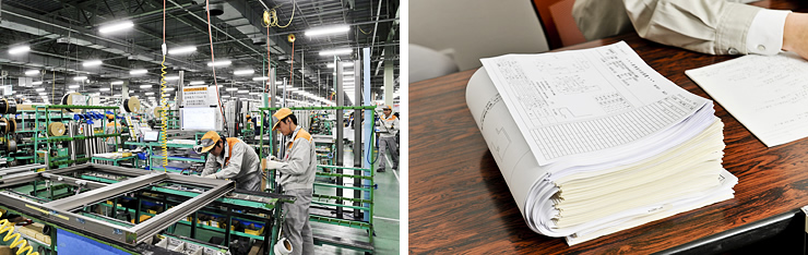写真 1：広大な面積を誇るLIXIL有明工場（左）。ビル用アルミサッシの生産には、1ラインあたり1日約500枚もの指示書をコピーし配布する必要があった（右）。