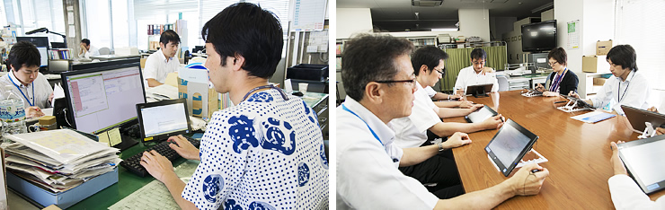 写真 1：焼津市役所で全職員に配布されたタブレットは、自席では大型のディスプレイとキーボードを接続して利用（左）。会議の際にはタブレット単体で使うことが多い（右）。