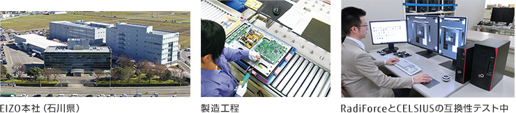 左からEIZO本社（石川県）、製造工程、RadiForceとCELSIUSの互換性テスト中の画像