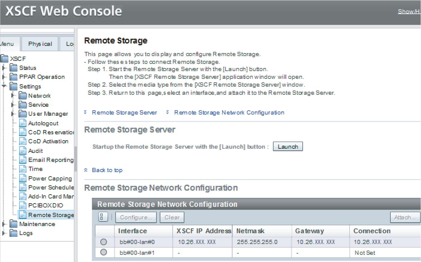 Figure 4-13  [Remote Storage] Page of XSCF Web