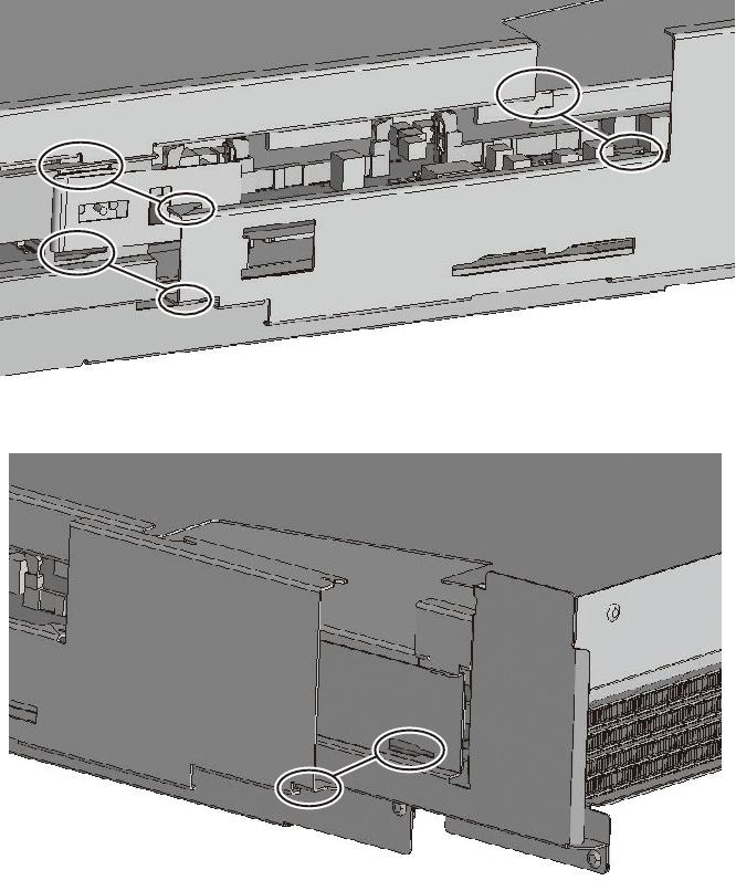 Figure 9-75  Filler unit of the CPU memory unit upper and locations of the clips on the side guide (for the SPARC M10-4/M10-4S with a FRAME-A CPU memory unit)
