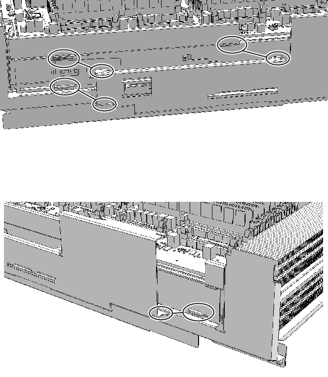 Figure 9-73  CPU memory unit upper and locations of the clips on the side guide (for the SPARC M10-4/M10-4S with a FRAME-A CPU memory unit)