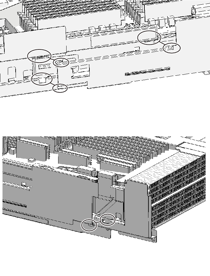 Figure 9-74  CPU memory unit upper and locations of the clips on the side guide (for the SPARC M10-4/M10-4S with a FRAME-B CPU memory unit)